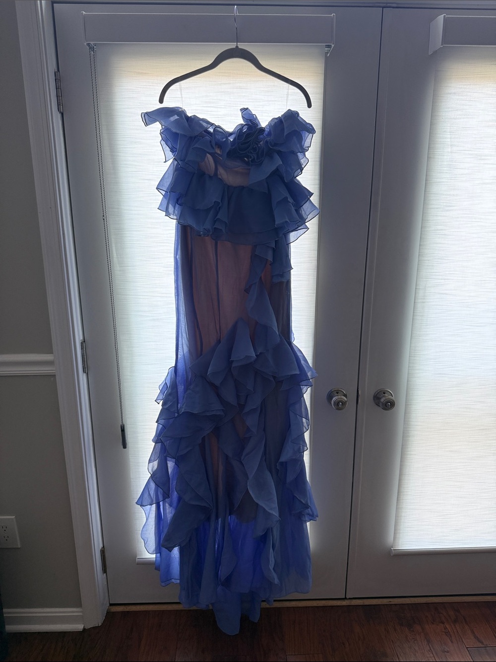 Ruffled Blue/Purple Maxi Dress with Floral Accent
